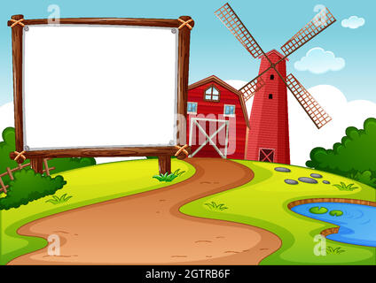 Blank banner in farm with red barn and windmill scene Stock Vector