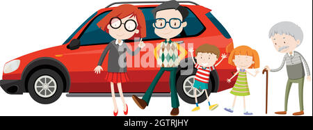 Family members standing in front of car Stock Vector