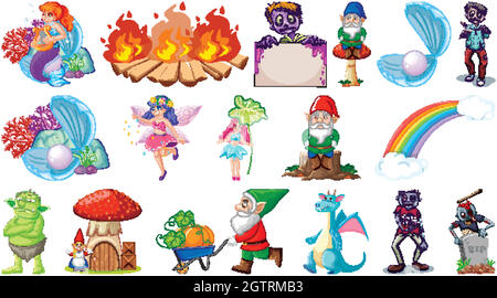 Set of fantasy cartoon characters and fantasy theme isolated on white background Stock Vector
