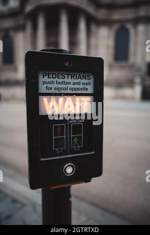 Southbank, London | UK -  2021.09.25: Wait light at the push button pedestrian crossing Stock Photo