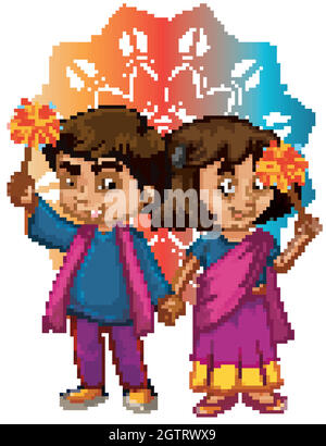 Indian boy and girl with mandala pattern in background Stock Vector