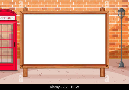 Blank wooden frame with awning in city on brick wall scene Stock Vector