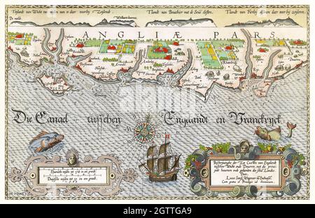 Kaart van de Zuidengelse kust tussen de Isle of Wight en Dover (ca. 1580-1583) by Joannes van Doetechum (I). United Kingdom, Great Britain. Stock Photo