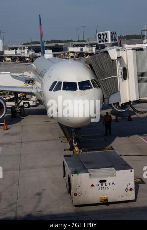 September 14, 2021 - A Delta airlines commercial jet at Hartsfield–Jackson Atlanta International Airport. Stock Photo