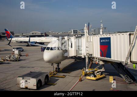 September 14, 2021 - A Delta airlines commercial jet at Hartsfield–Jackson Atlanta International Airport. Stock Photo