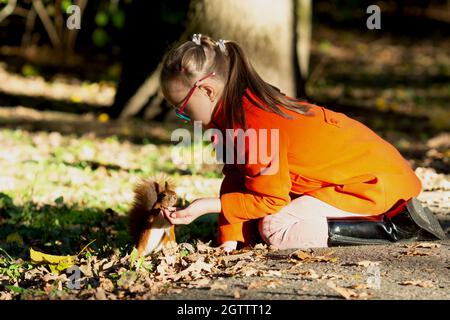 A girl with down syndrome feeds a squirrel nuts in the forest at sunset Stock Photo