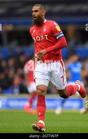 NOTTINGHAM, UK. OCT 2ND Lewis Grabban of Nottingham Forest celebrates after scoring a goal to make it 0-1 during the Sky Bet Championship match between Birmingham City and Nottingham Forest at St Andrews, Birmingham on Saturday 2nd October 2021. (Credit: Jon Hobley | MI News) Credit: MI News & Sport /Alamy Live News Stock Photo