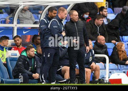 NOTTINGHAM, UK. OCT 2ND Steve Cooper, Nottingham Forest head coach with Nottingham Forest assistant first team coach, Alan Tate and Nottingham Forest assistant coach, Steven Reid during the Sky Bet Championship match between Birmingham City and Nottingham Forest at St Andrews, Birmingham on Saturday 2nd October 2021. (Credit: Jon Hobley | MI News) Credit: MI News & Sport /Alamy Live News Stock Photo