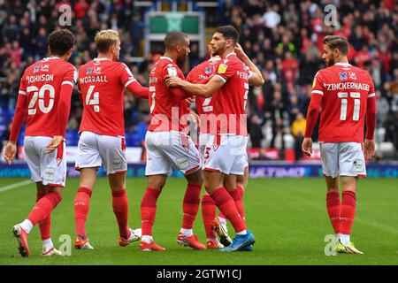 NOTTINGHAM, UK. OCT 2ND The Reds celebrate after Lewis Grabban of Nottingham Forest scored his sides first goal during the Sky Bet Championship match between Birmingham City and Nottingham Forest at St Andrews, Birmingham on Saturday 2nd October 2021. (Credit: Jon Hobley | MI News) Credit: MI News & Sport /Alamy Live News Stock Photo