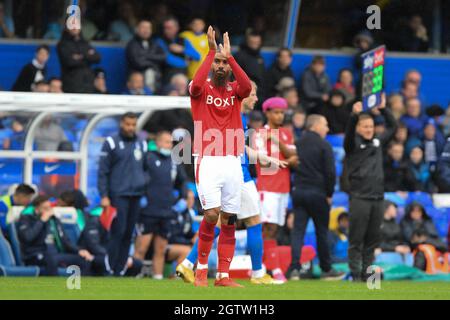 NOTTINGHAM, UK. OCT 2ND Lewis Grabban of Nottingham Forest applauds the Forest supporters during the Sky Bet Championship match between Birmingham City and Nottingham Forest at St Andrews, Birmingham on Saturday 2nd October 2021. (Credit: Jon Hobley | MI News) Credit: MI News & Sport /Alamy Live News Stock Photo