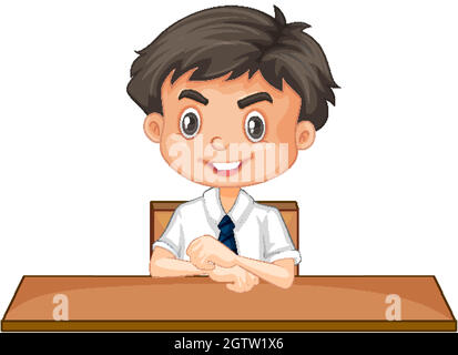 Boy in school uniform sitting at desk on white background Stock Vector