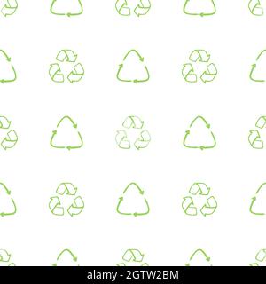 Seamless eco pattern. Three arrows eco recycle. Reuse ornament doodle on white background. Green flat vector wallpaper. Zero waste ecology circle symbol. Stock Vector