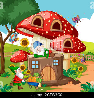 Gnomes and timber mushroom house and in the garden cartoon style on garden background Stock Vector
