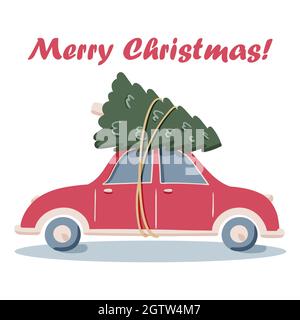 Flat vector drive red car with pine Christmas tree doodle illustration, merry Christmas, idea for greeting card, wall art, t shirt, printable apparels isolated on white background Stock Vector