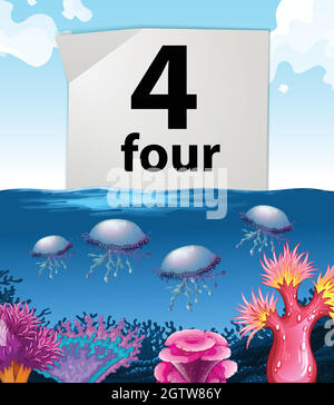 Number four and jellyfish underwater Stock Vector