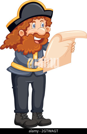 Pirate Reading a Map on White Background Stock Vector