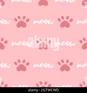 Pink and white cat seamless pattern. Meow and cat paws background vector illustration. Cute cartoon pastel character for nursery girl baby print. Stock Vector