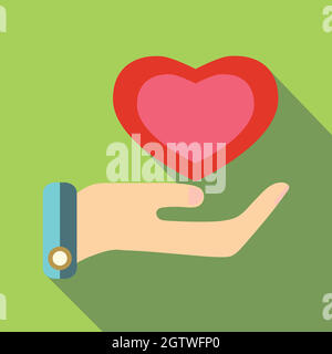 Pink heart in hand icon, flat style Stock Vector