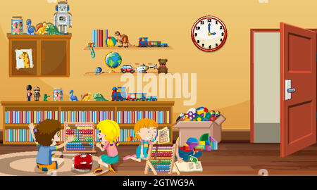 Scene with kids reading and playing in the room Stock Vector