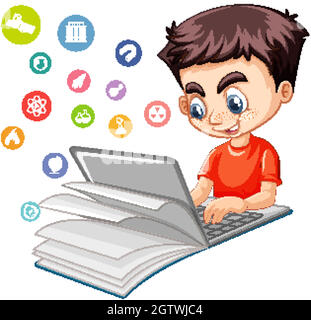 Boy searching on laptop with education icon isolated Stock Vector