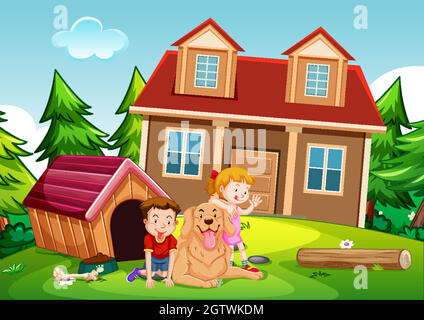 Outdoor scene with children playing with cute dog in front of the house Stock Vector