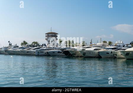 Puerto Portals, Spain; october 02 2021: General view of the touristic resort of Puerto Portals on the island of Mallorca. Marina with luxury yachts mo Stock Photo