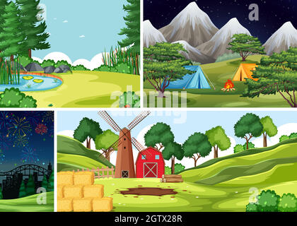 Four different scenes in nature setting cartoon style Stock Vector