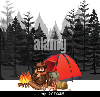 A Man Camping in Dark Forest Stock Vector