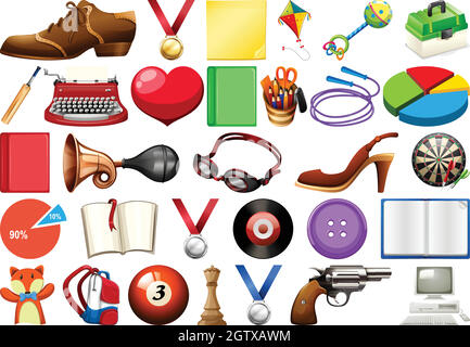 Assorted office, home and school related objects and toys isolated Stock Vector
