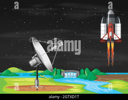 Scene with spaceship flying in the sky Stock Vector