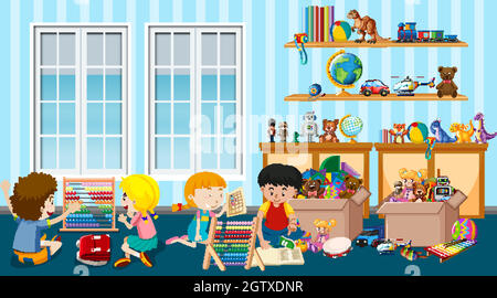 Scene with many kids playing toys in the room Stock Vector