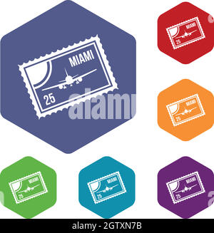 Stamp with plane and text Miami inside icons set Stock Vector