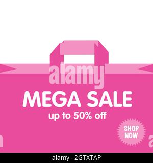 50 percent off. Pink mega sale poster with shopping bag. Mega Discount sale. Black Friday. Vector illustration banner. Stock Vector