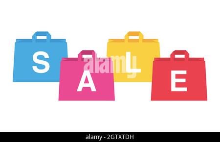 Colorful shopping bag on white background. Discounts sale banner. Vector illustration flat design. Business and finance concept. Words about sales Stock Vector