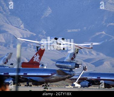 White Knight departs Mojave Air And SpacePort for suborbital flight with Space Ship One tethered underneath for worlds first suborbital flight. Stock Photo