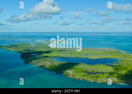 Aerial view over the waters of northern Belize Stock Photo