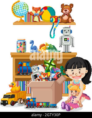 Scene with many toys on the shelf and girl playing doll Stock Vector