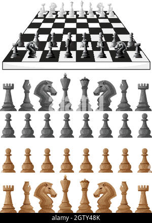 Chessboard and different chess pieces Stock Vector