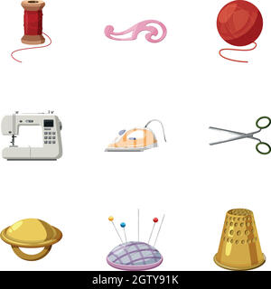 Tools for sewing dresses icons set, cartoon style Stock Vector