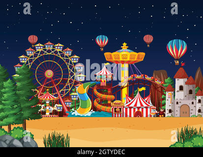 Amusement park scene at night with balloons and moon panorama Stock ...