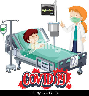 Poster design for coronavirus theme with sick boy in bed Stock Vector