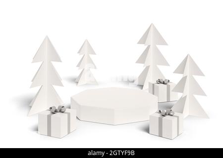 Christmas podium with trees and gifts in white. 3d illustration. Stock Photo