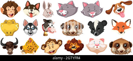 Set of different cute cartoon animals head huge isolated on white background Stock Vector