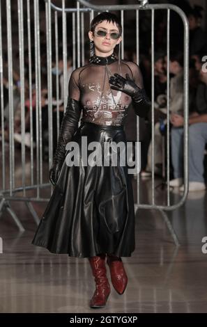 Paris, France. 02nd Oct, 2021. A model takes to the catwalk during Enfants Riches Deprimes' Spring-Summer 2022 show at Paris Fashion Week, on Friday, October 2, 2021. Photo by Eco Clement/UPI. Credit: UPI/Alamy Live News Stock Photo