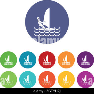 Man on windsurf set icons Stock Vector