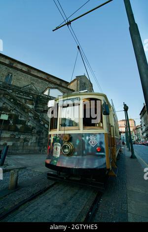 The heritage Tram in Porto, Portugal. A tram going through the streets of Porto, heading to Massarelos. Stock Photo