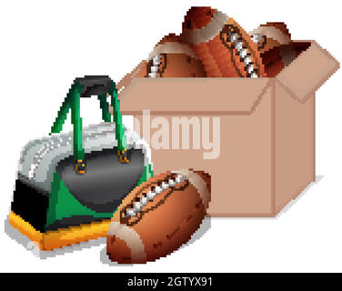 Cardboard box full of sport equipments on white background Stock Vector