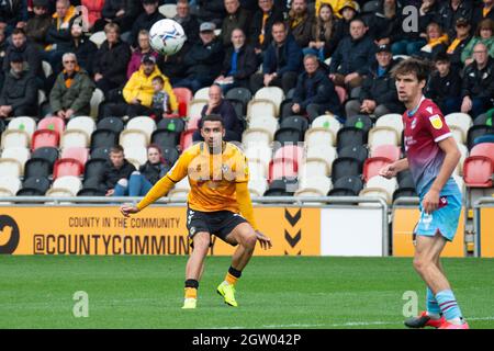 Newport, UK. 02nd Oct, 2021. Courtney Baker-Richardson of Newport County (l) shoots and scores his teams 2nd goal. EFL football league two match, Newport county v Scunthorpe Utd at Rodney Parade in Newport, Wales on Saturday 2nd October 2021. this image may only be used for Editorial purposes. Editorial use only, license required for commercial use. No use in betting, games or a single club/league/player publications. pic by Credit: Andrew Orchard sports photography/Alamy Live News Stock Photo