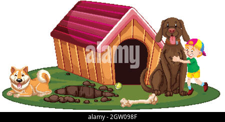 Boy and two dogs by the doghouse Stock Vector