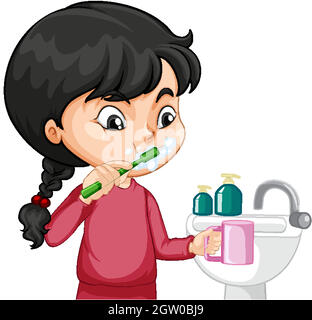 A girl cartoon character brushing teeth with water sink Stock Vector